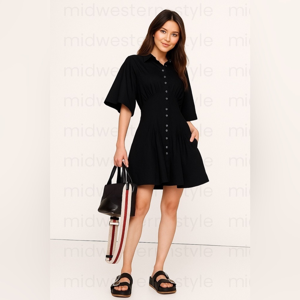 NWT! Banana Republic Black Stretch-Cotton Poplin Pintuck Shirt Dress 💃💃